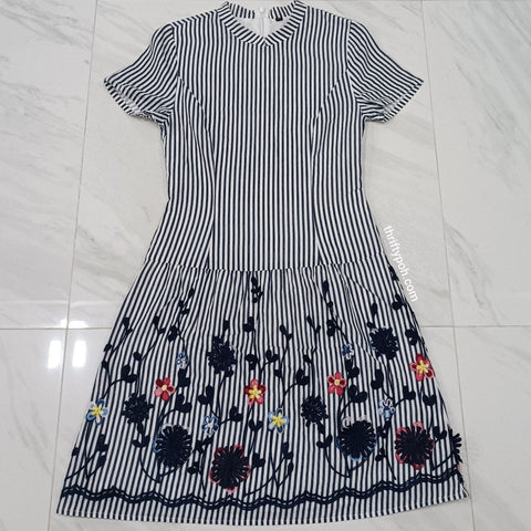 Navy Stripes with Floral Embroidery Dress